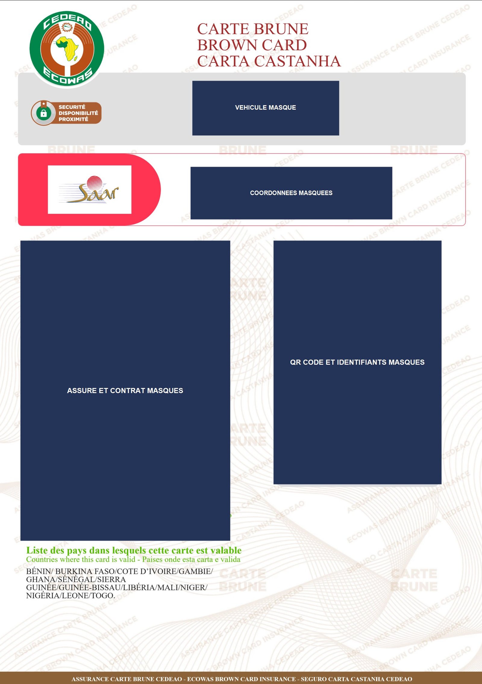 Exemple de carte brune d’assurance, informations et code QR masqués
